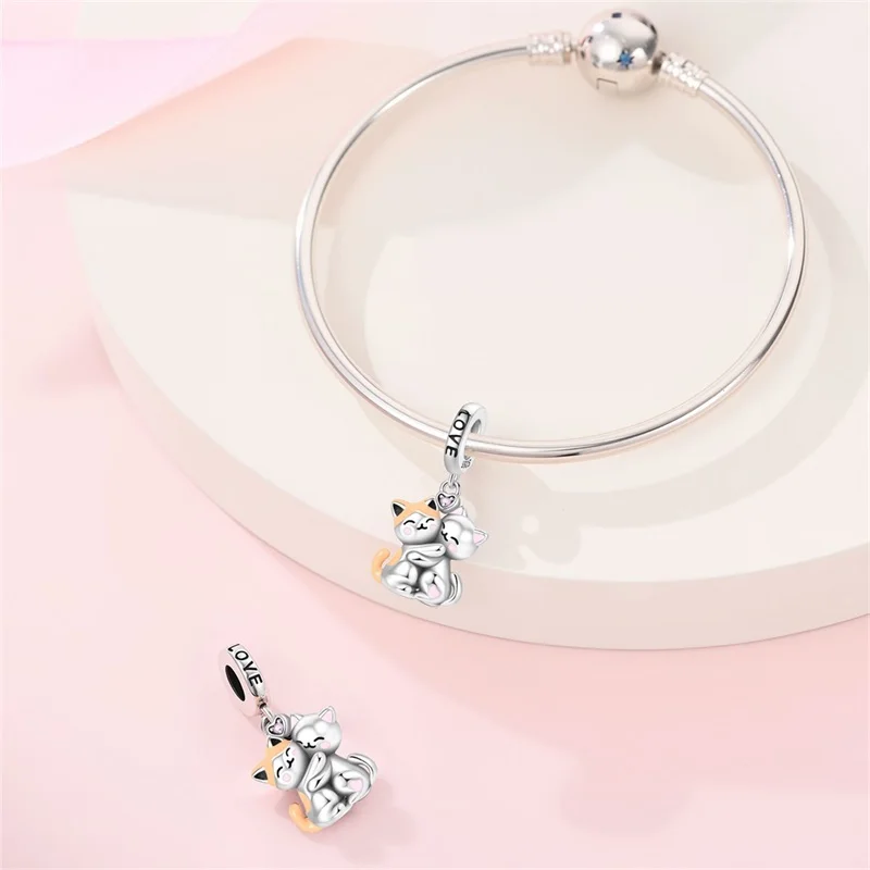 925 Sterling Silver Sweet Cat Hug Charms Beads Shining Zircon Dangle Fit Original Bracelet DIY Women Jewelry