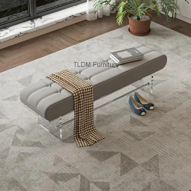 Tufted Leather Bench with Acrylic Legs Modern Upholstered Entryway Bench Stylish Living Room Bedroom Furniture for Home Decor