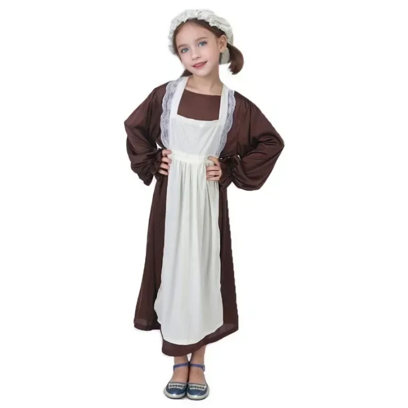 

Платье на молнии с принтом, викторианское платье для девочек, этнический фартук, костюм для праздника, вечеринки, наряд для выступлений со шляпой, черный, коричневый