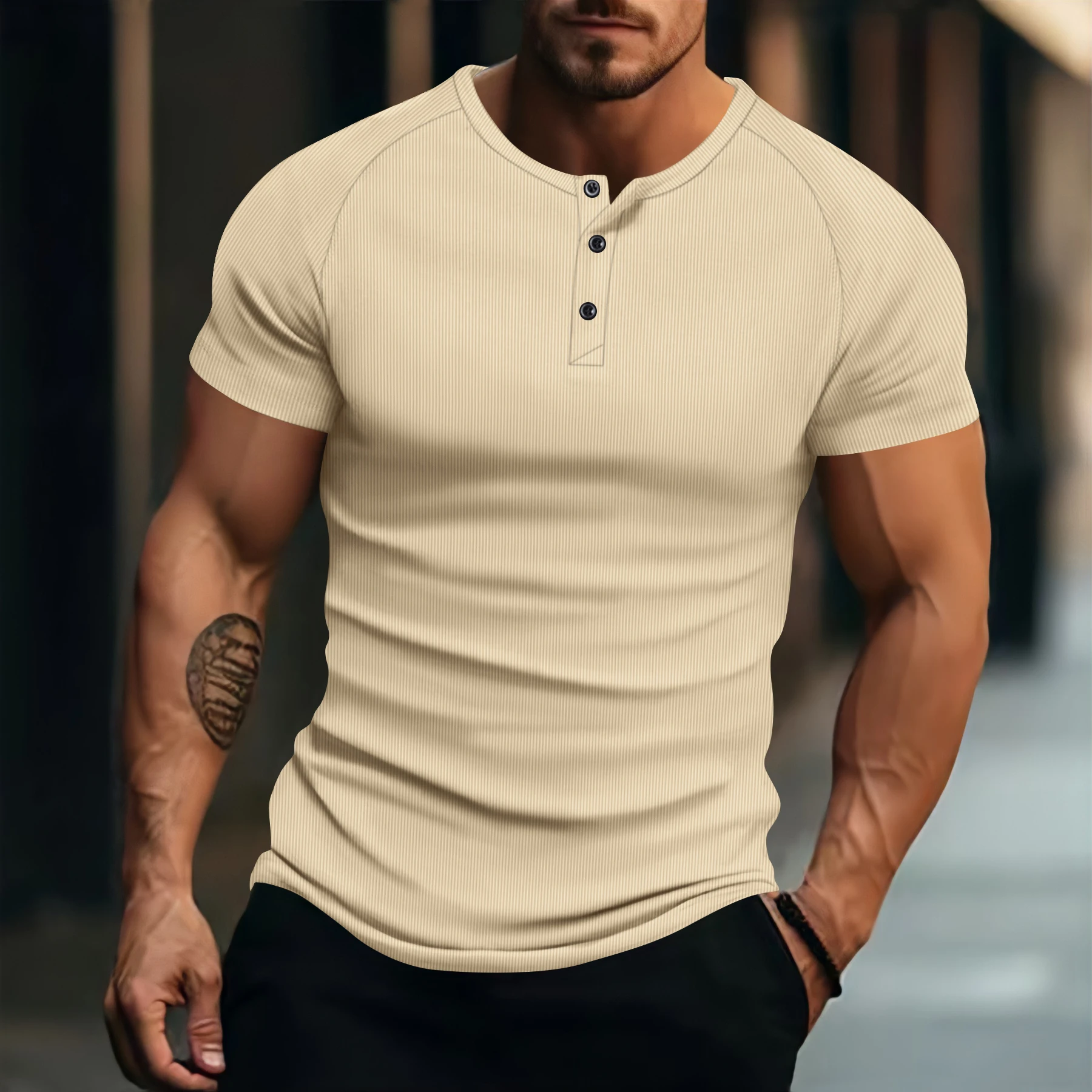

2025 European size men's new summer trendy casual sports raglan sleeve solid-color button-up round-neck shirt