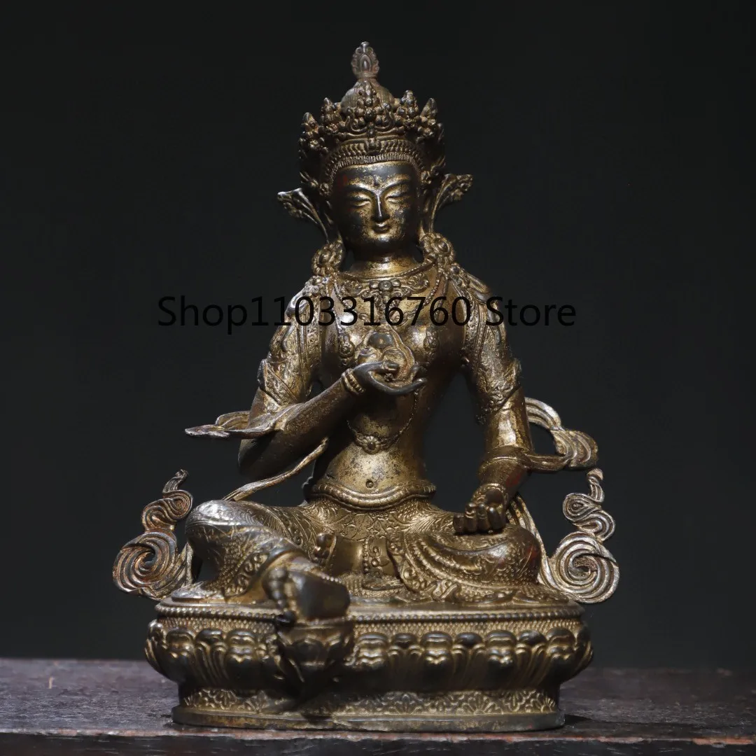 Tibetan brass mud gold cinnabar painted Guanyin Bodhisattva Green Tara Buddha ornament Home Buddhist Hall Supplies 21cm