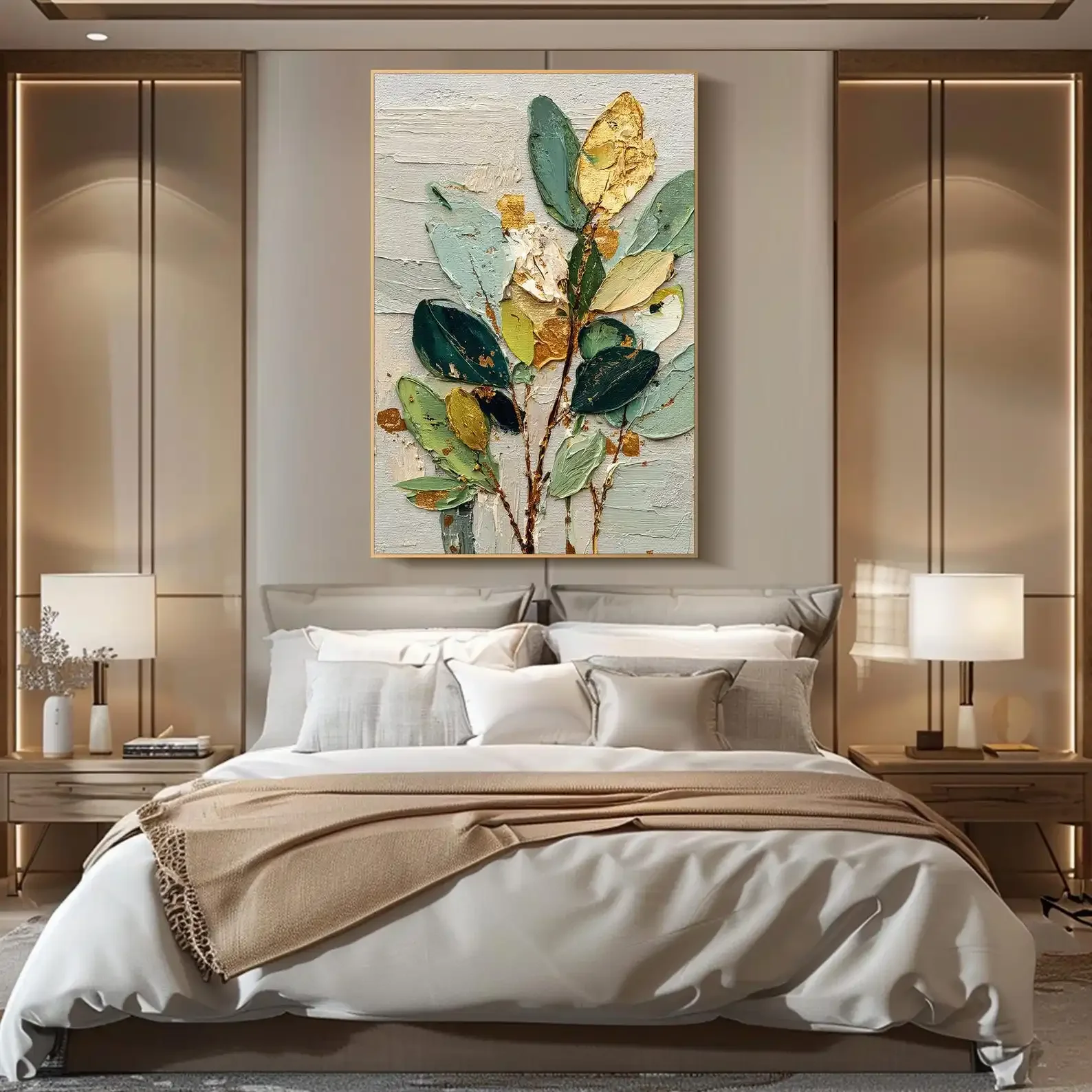 Frameless Canvas Painting Mhemyo Textured Wall Art Green Gold Leaf Oil Painting On Canvas Modern Botanical Handmade Painting Nat