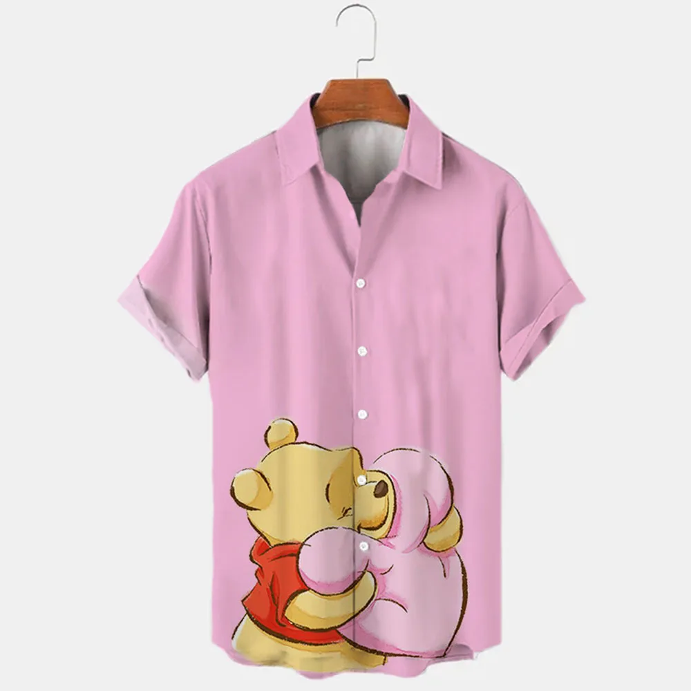 New Summer 2024 Disney Winnie The Pooh And Mickey Brand Cartoon Casual 3D Printed Short Sleeve Lapel Shirt Slim Fit Men\'s Top