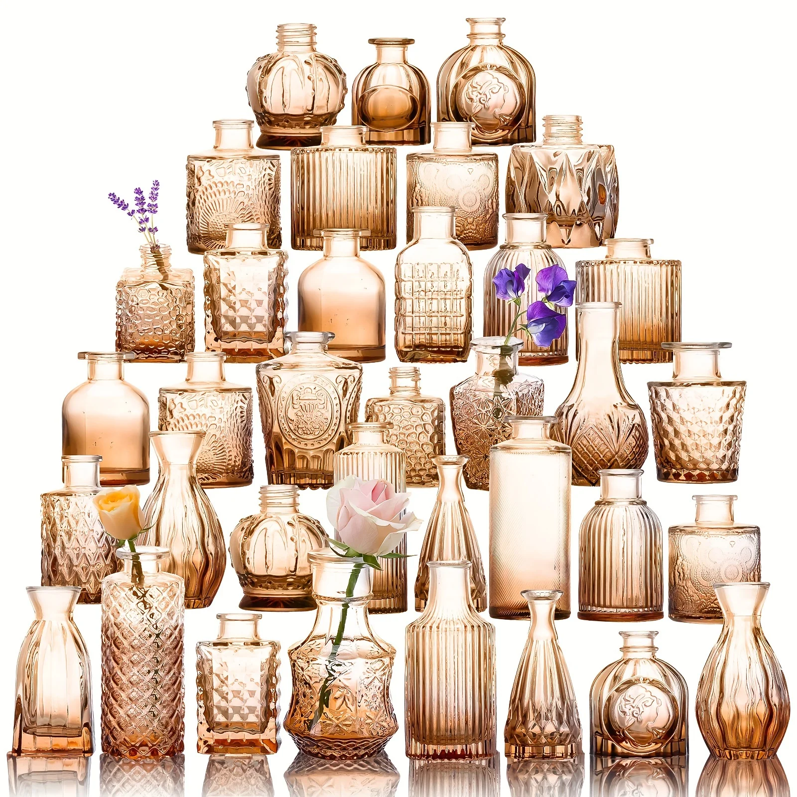 

36 Amber Glass Bud Vase Set, Small Vases For Flowers, Vases For Centerpieces Mini Flower Vases In Bulk For Rustic Wedding Decorations Vintage Look Home Table Decor, Multiple Sizes, For Halloween And Christmas