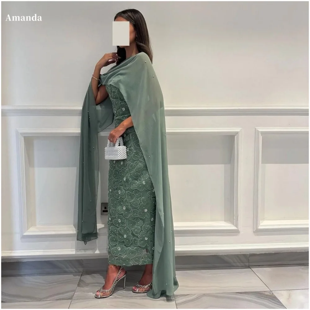 Amanda personalizado flores verdes bordado renda xale conjunto de duas peças robes de soirée pérolas vestidos de festa sem alças vestido de baile