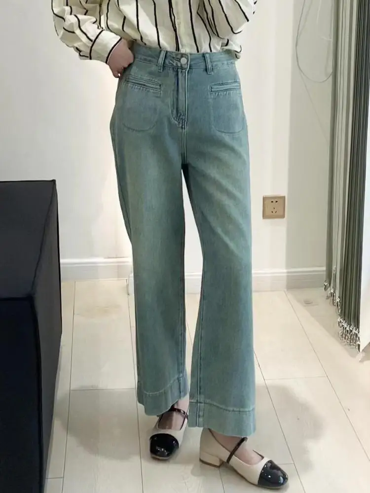 FINEWORDS Big Pocket High Waist Wide Leg Jeans Women Causal Retro Loose Korean Jeans Streetwear Denim Cropped Pants