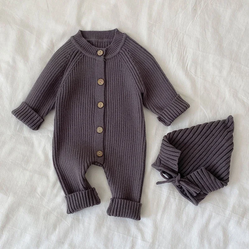 جديد ربيع 2026 بدلة قفز محبوكة للأطفال البنات والأولاد + قبعة بأكمام طويلة بلون سادة ملابس أطفال محبوكة للأطفال الصغار #4