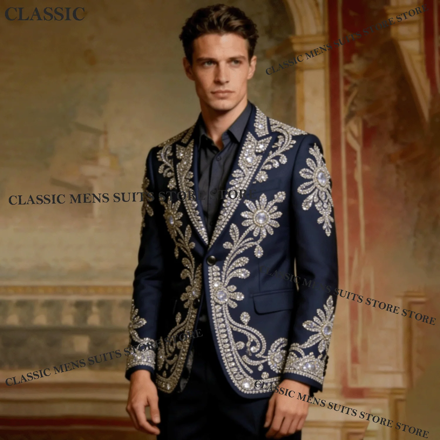 

Блестящий мужской костюм-двойка для свадьбы и выпускного вечера: модный пиджак с вышивкой и стразами, приталенный, на заказ