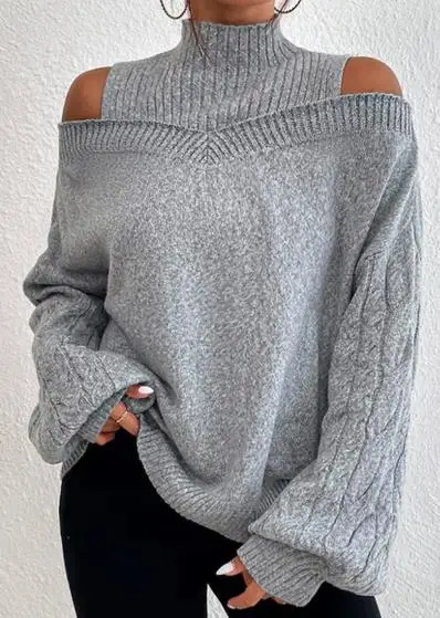 XL Size Cold Shoulder Turtleneck Loose Sweater Grey Off The Shoulder Pullover Women's Fashion Knitted Sweaters