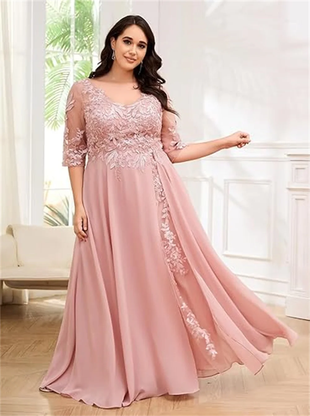 فستان زفاف شيفون لأم العروس ، أكمام ، زينة دانتيل ، فستان رسمي ، فستان حفلة موسيقية ، حجم كبير #5