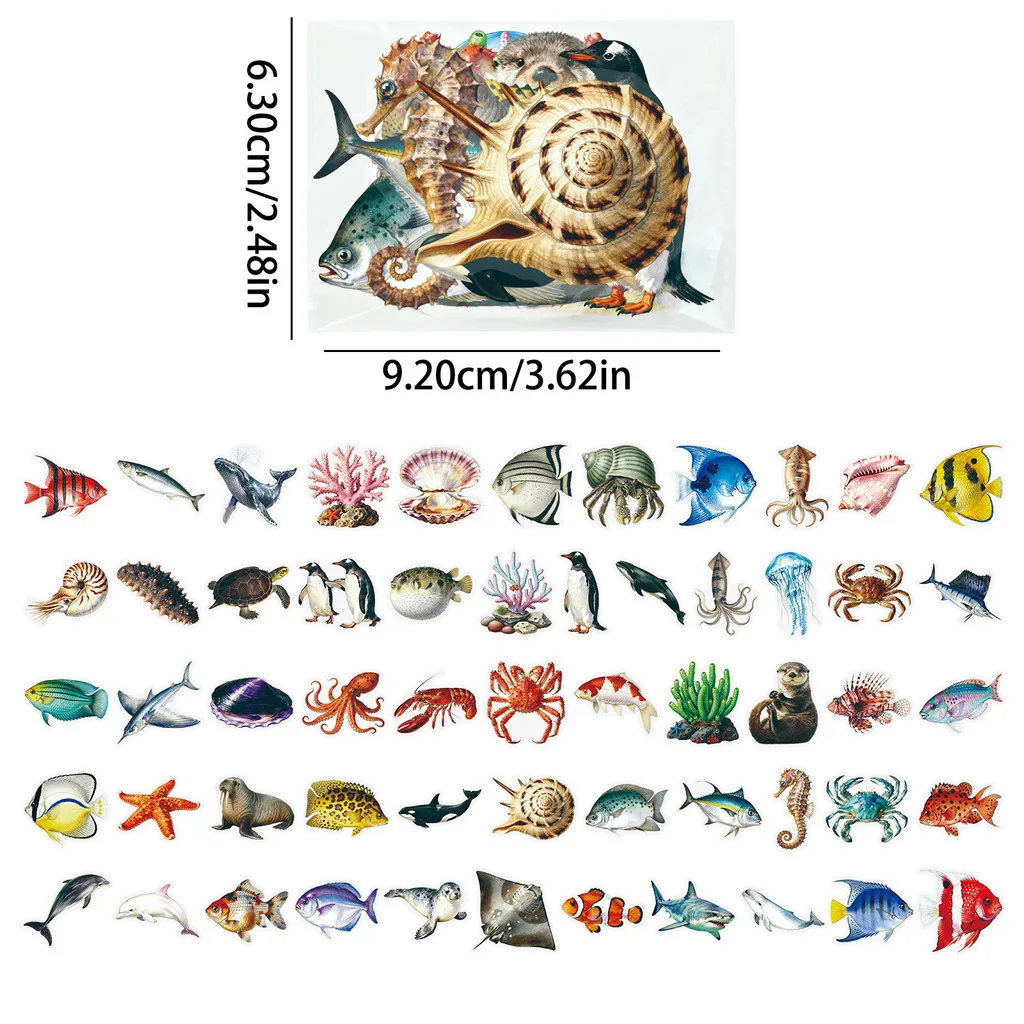 56개 신형 리얼리틱 해양 동물 스티커 고투명 PET 물고기 데칼 창의적인 수공예용 블링블링 스티커 스토어