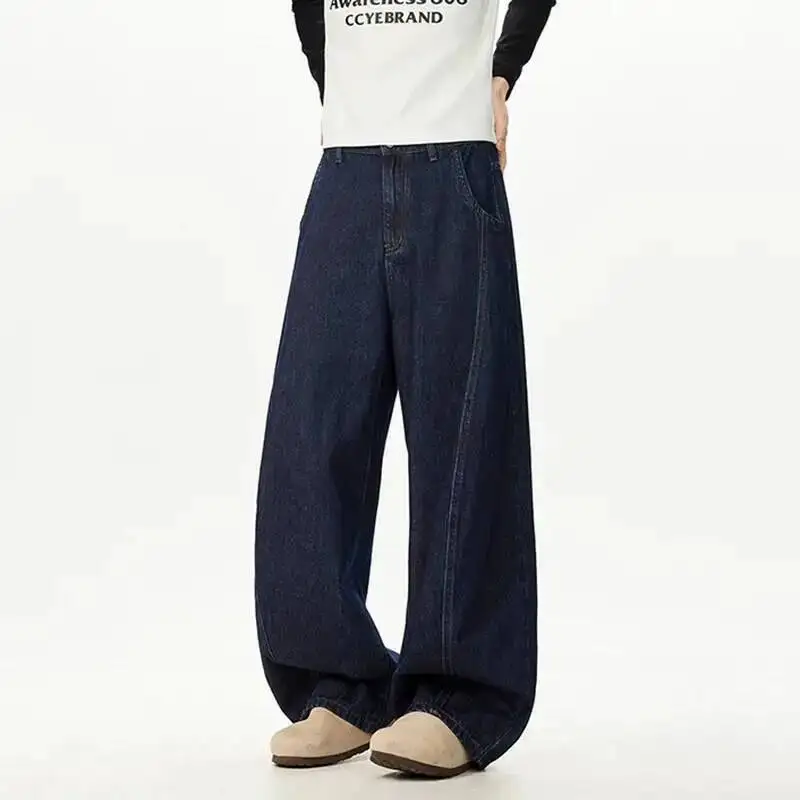 New Simple Men's Denim Pants Solid Color Casual Deconstruction Patchwork Wide Leg Loose All-match Male Jeans  96GVG