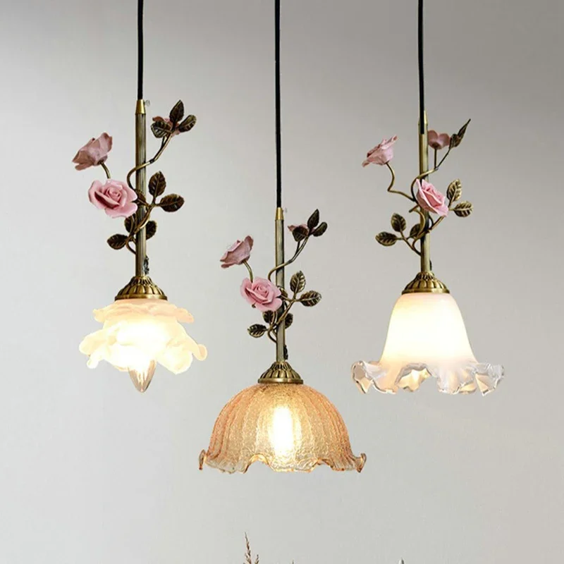 

SANDYHA Vintage French Rose Pendant Lights Full Copper Chandelier Elegant Home Decor for Living Room Bedroom Bedside Lighting