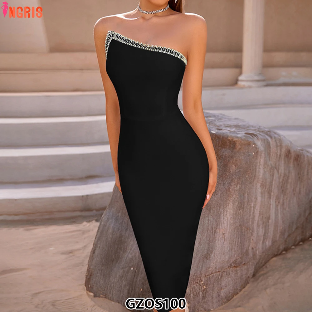 

Sexy Off-the-shoulder Evening Dress Elegant Sleeveless Slanted Shoulder studded Diamond Bandage Dress-GZOS100