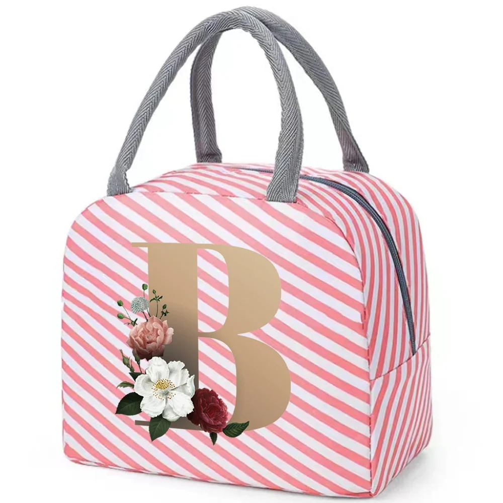 Insulated Lunch Box for Women Pink Cute Lunch Bag for Kids Cooler Waterproof Red Stripe Design Gold Letter Color Printing