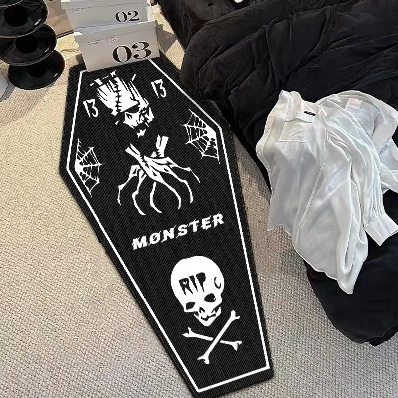 

Bedroom Carpet Non-slip Dirt-resistant Floor Mat Black White Skull Coffin Pattern Rug Irregular Home Decor Mats Halloween Gifts