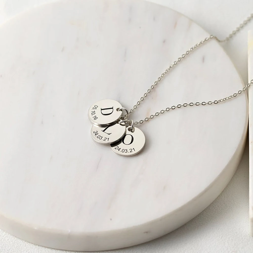 Mini-World Customized Engraved Name Date ID Pendant Necklace Stainless Steel Tiny Round Charm Personalized Jewelry Birthday Gift