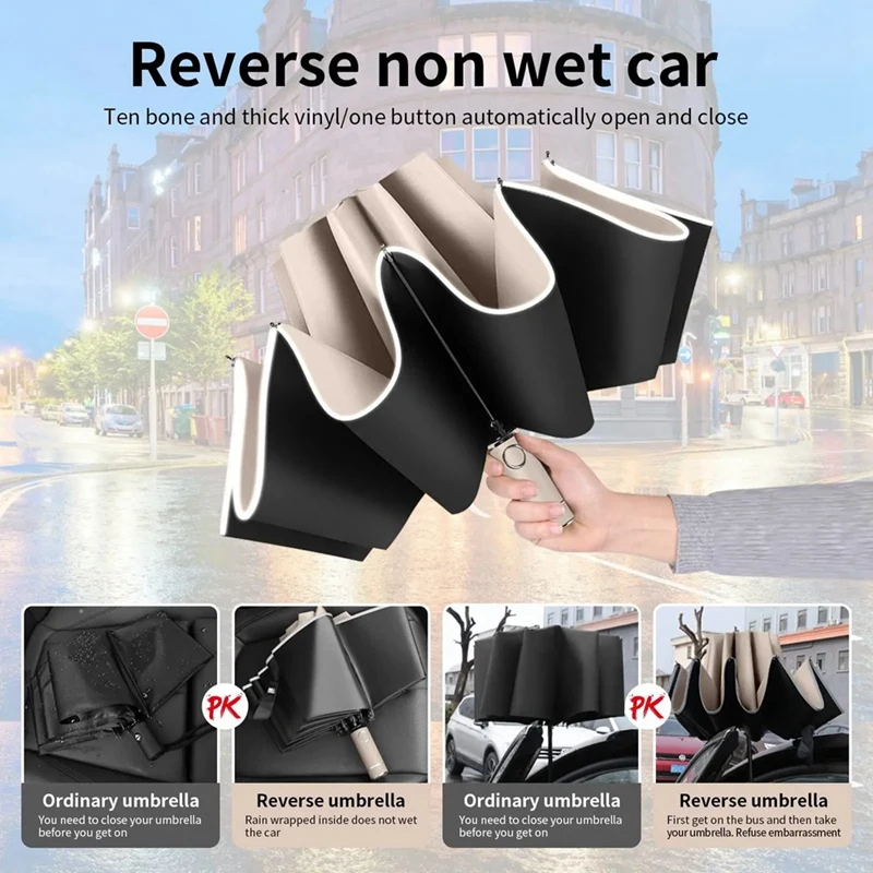 Fully Automatic Reverse Folding Umbrella With Windproof Reflective Stripe UV Umbrellas For Carabiner Handle Travel