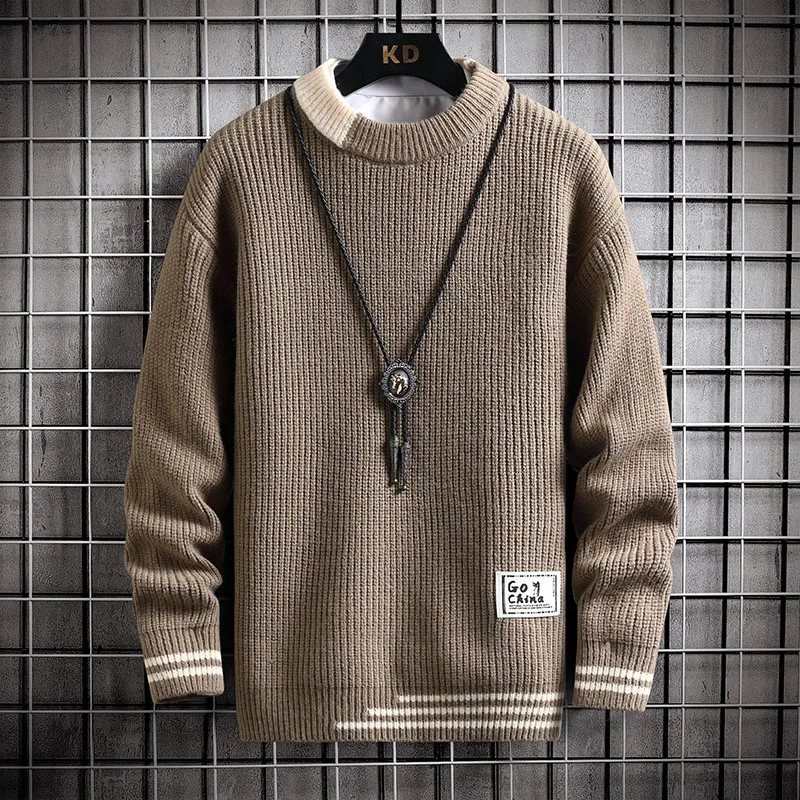 

Autumn Winter Men Sweater Warm Top New Fashion Stitching Color Matching Pullover Round Neck Sweater Thickened Knitted Sweater