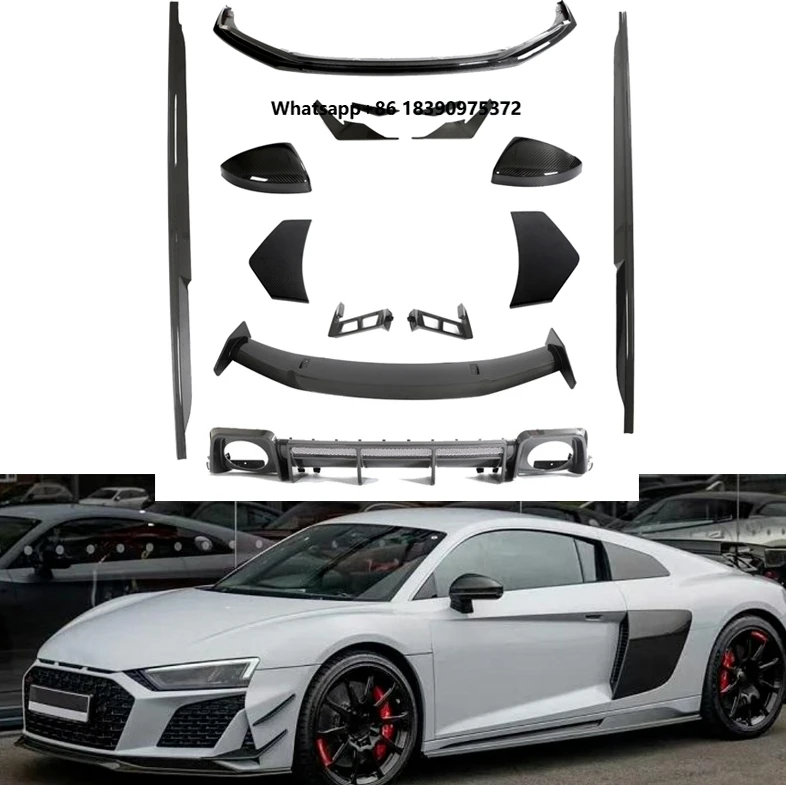 High Quality Kit Front Lip Rear Bumper Side Skirt Rear Diffuser Front Bumper Canards Mirror Cover Spoiler for R8 V10