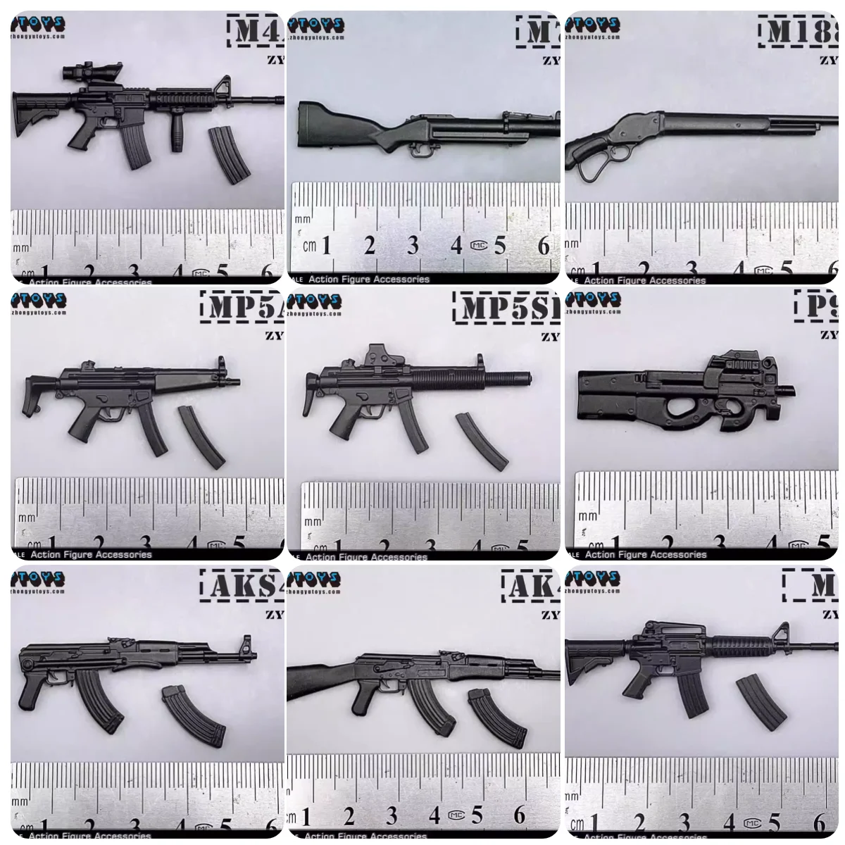 1/12th zytoys zy6001b mini brinquedos armas modelo mp5 m4 ak47 p90 m1887 material pvc não real para 6 "boneca figura cena componente diy