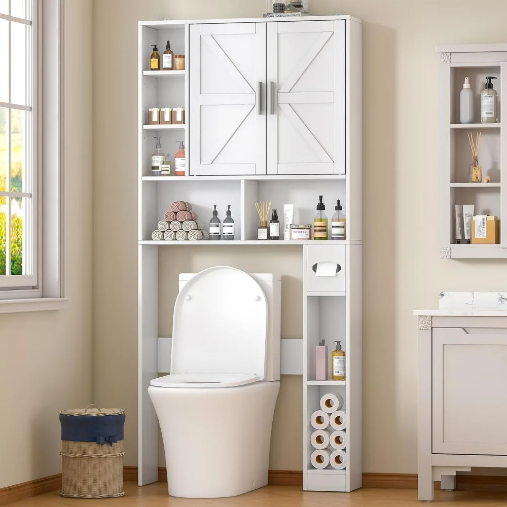 

Over The Toilet Storage Cabinet with 2 Barn Doors and 10 Storage Shelves, Bathroom Organizer with Adjustable Shelves, Tissue Hol