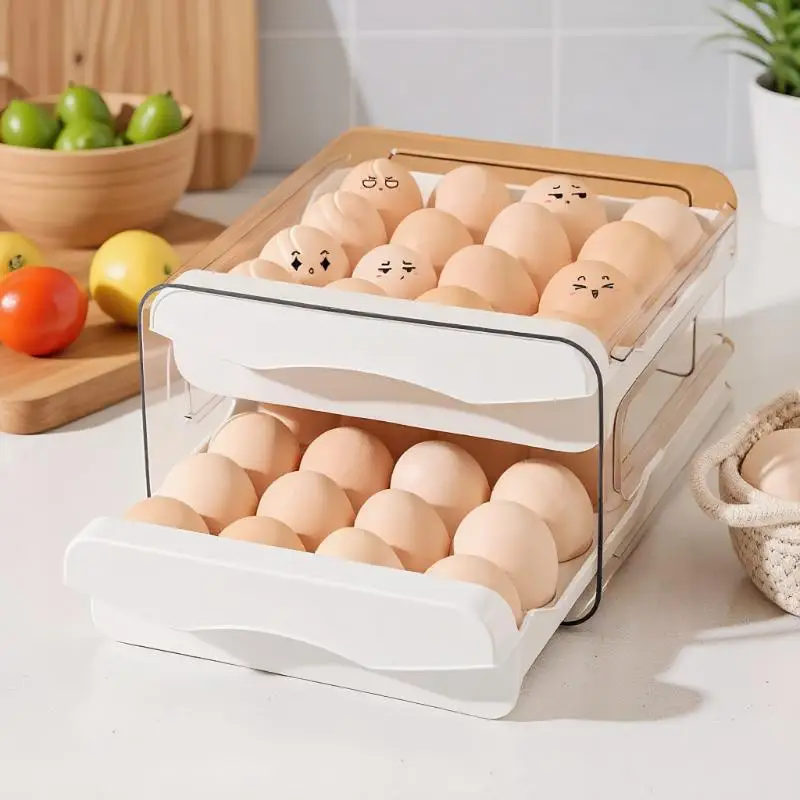 حامل البيض المتدحرج الأوتوماتيكي - صندوق تخزين الثلاجة بطبقة مزدوجة مع درج منزلق، تصميم موفر لمساحة المطبخ #4