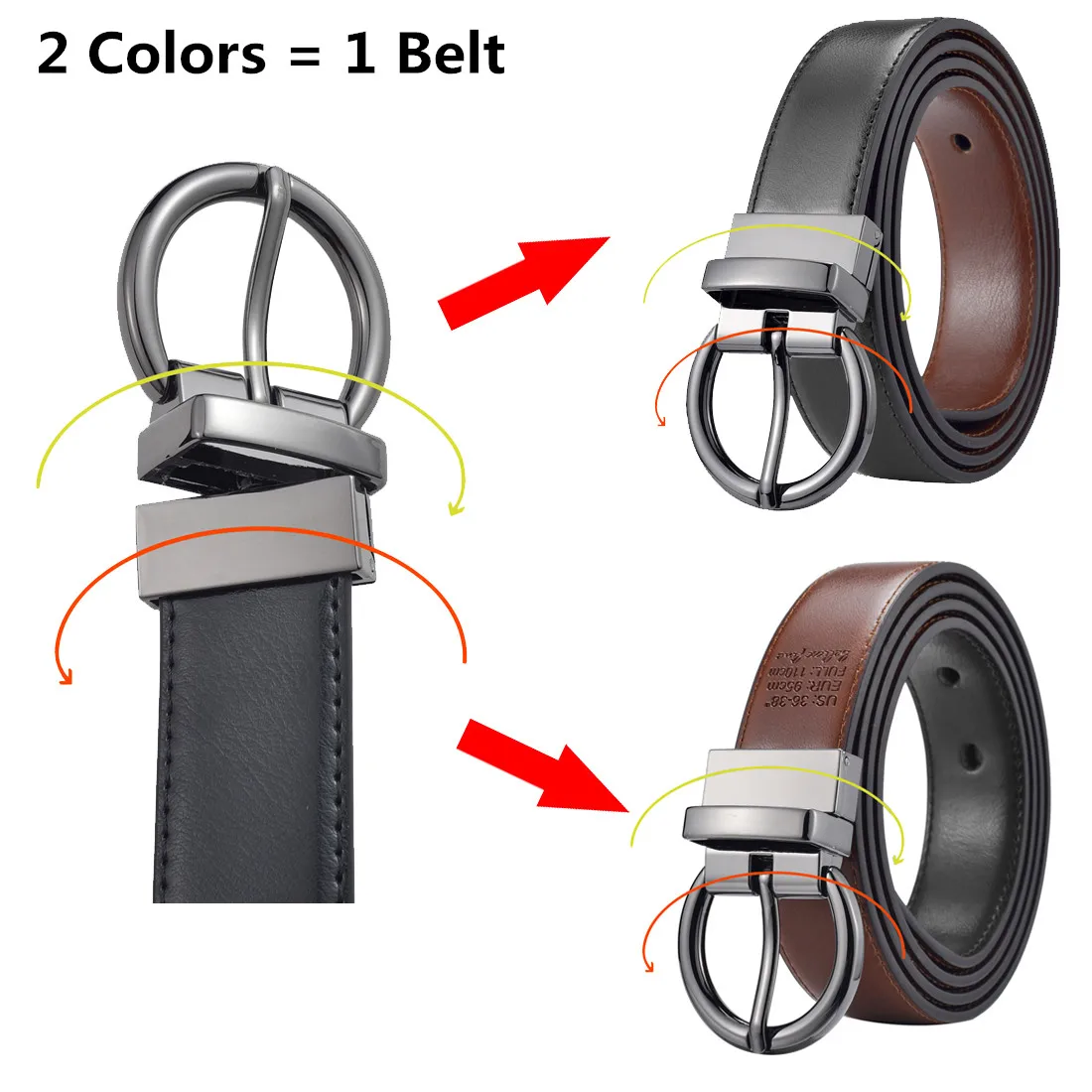 Women‘s Reversible Leather Belt Waist Strap Jeans Dress with Rose Gold And Black Rotate Buckle