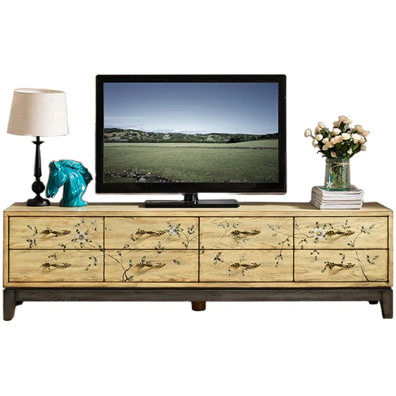 Solid wood painted TV cabinet coffee table combination set, small apartment retro storage Mediterranean video cabinet