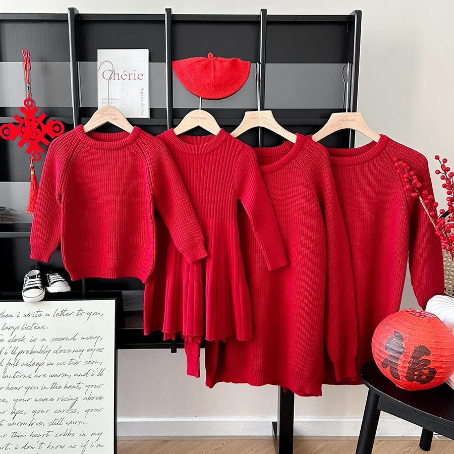 

2026 Family Red Sweater Father Mother Son Daughter Matching Knitted Pullover for Winter & Autumn New Year Baby Girls Dress