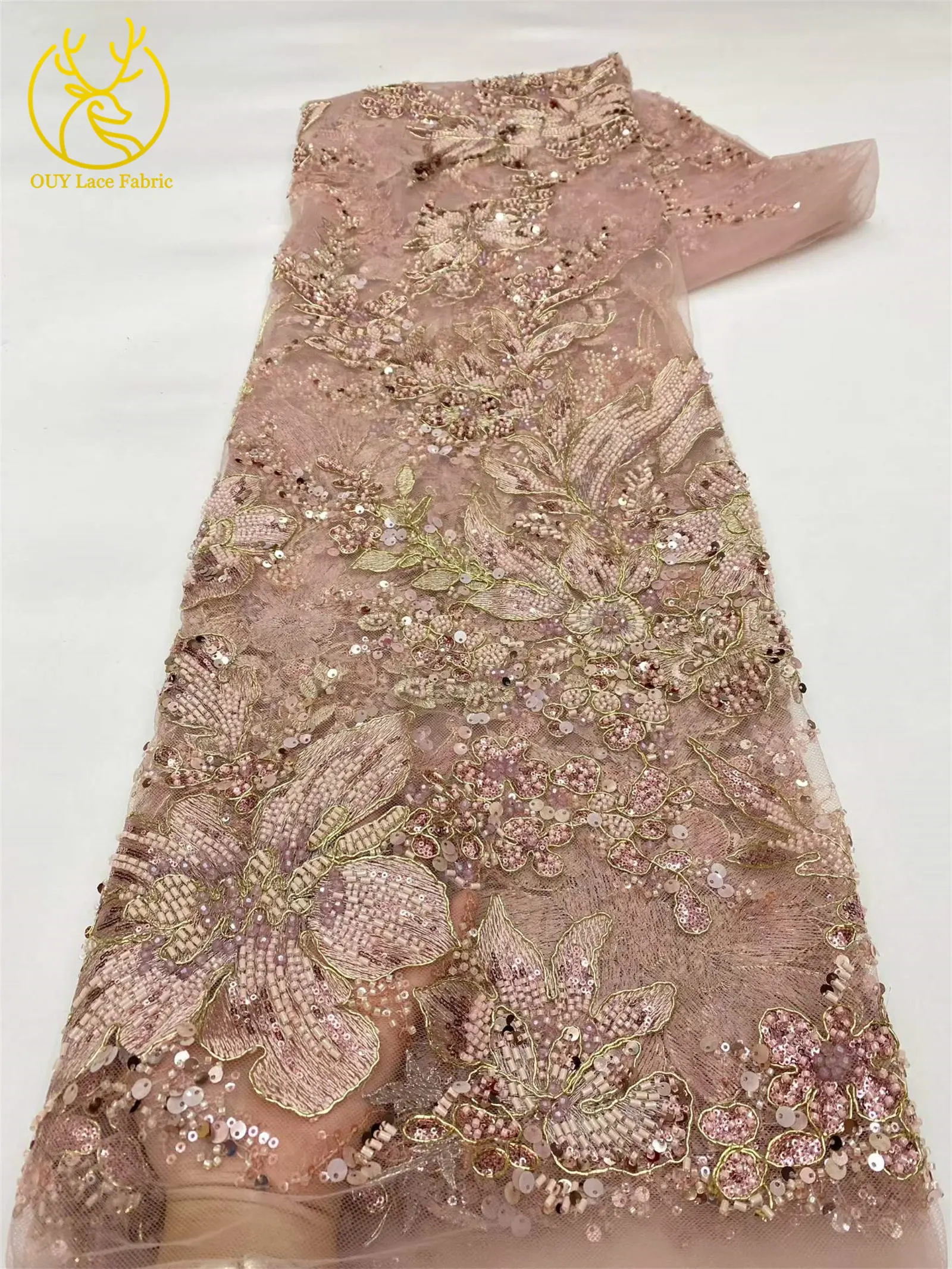 Eleganter Tüll-Spitzenstoff mit Pailletten und Blumenstickerei, afrikanischer handgefertigter Perlen-Mesh-Spitzenstoff zum Nähen von Abendkleidern, 5 Yards – Detail 13