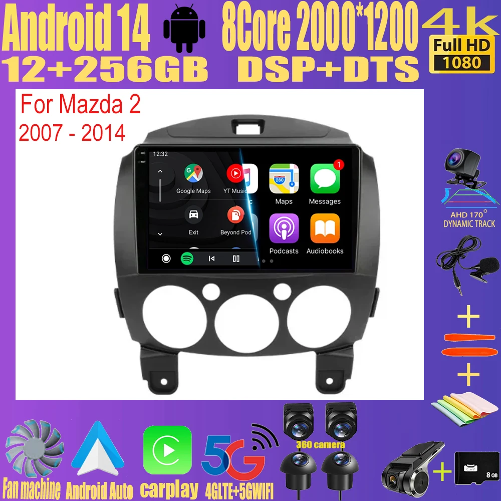 

Android 14 Car Radio Multimedia Player For MAZDA 2 Mazda2 2007 2008 2009 2010 2011 2012 2013 2014 GPS Navi 2 Din Autoradio QLED