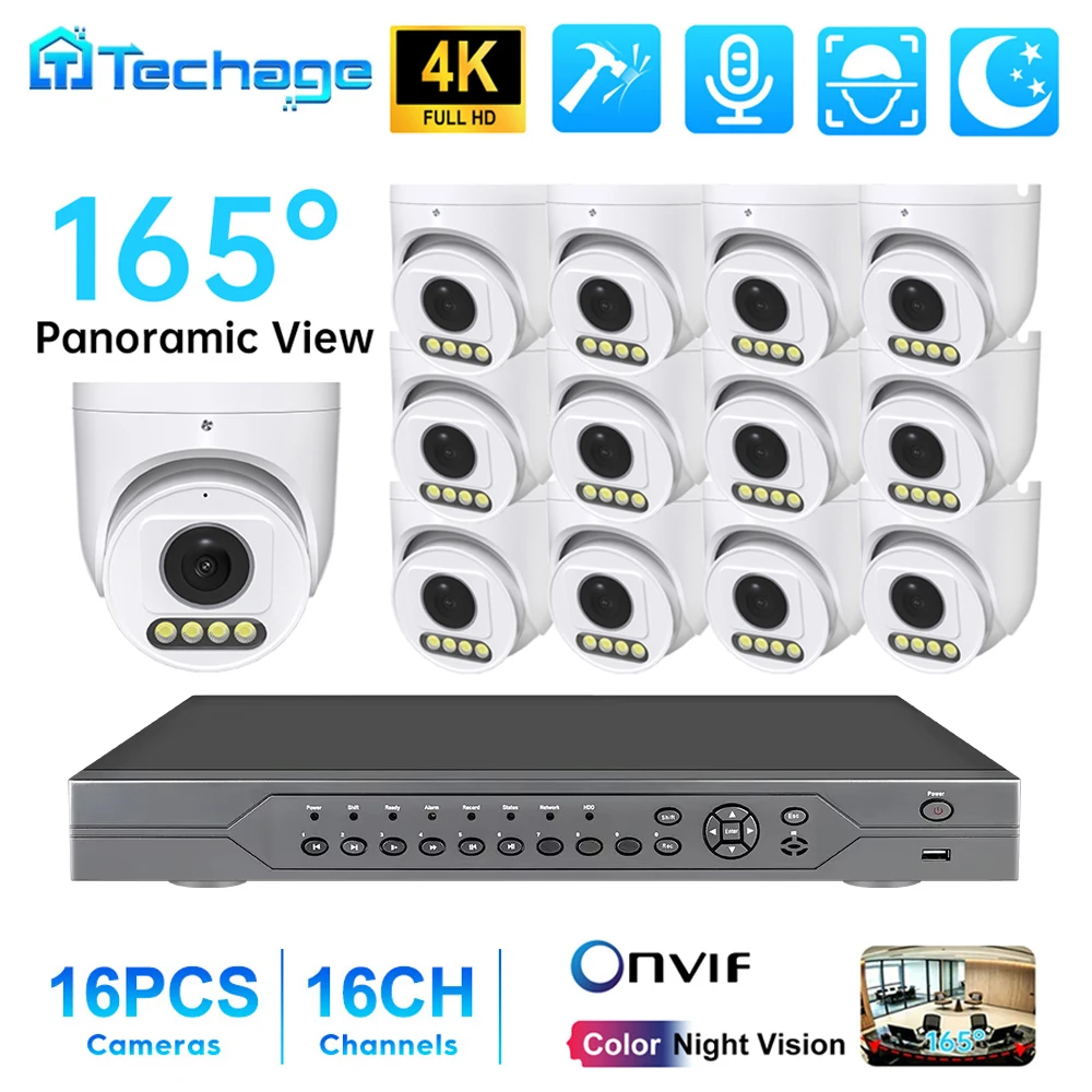 16CH 165° 1.7mm Panoramic Fisheye Wide Angle CCTV Security System HD 8MP Outdoor CCTV Record Surveillance Protection Kits