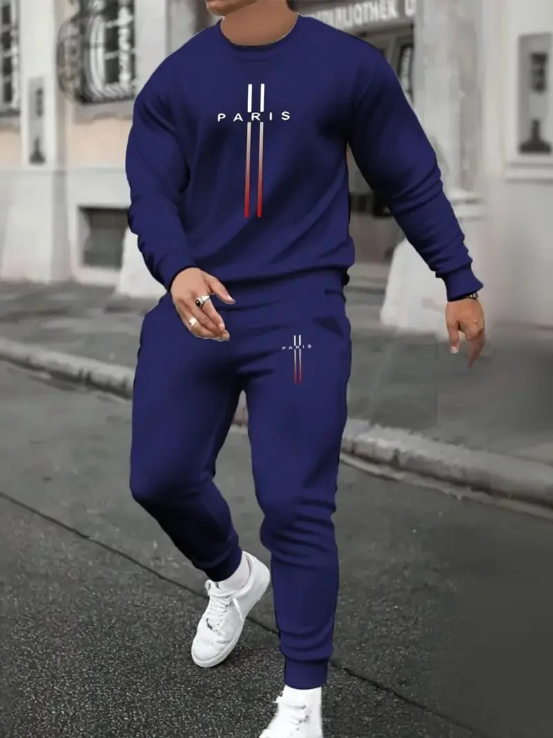 The new men's round-neck hoodie set for Spring and Autumn 2025 features a casual and comfortable 3D letter pattern print