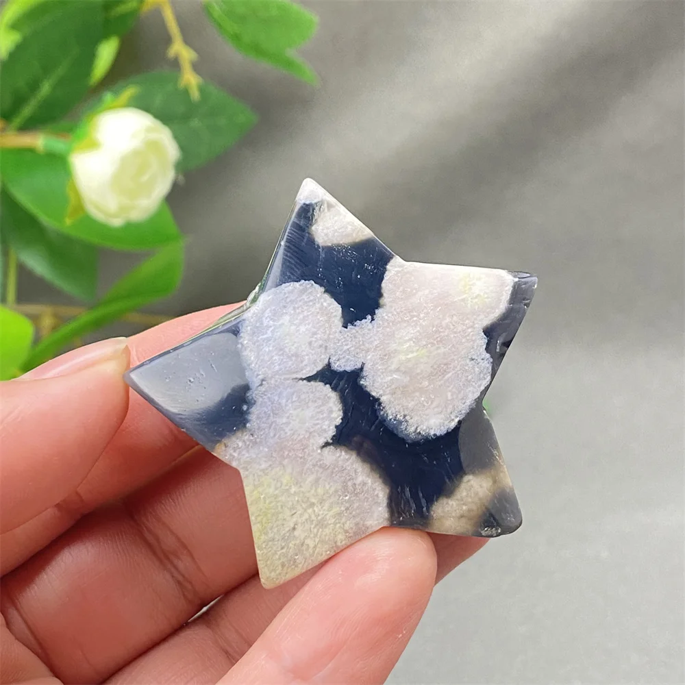Natural Black Cherry Blossom Agate Crystal  Star Reiki Energy Desktop Decoration Unique Palm Stone Office Decor Gift Idea