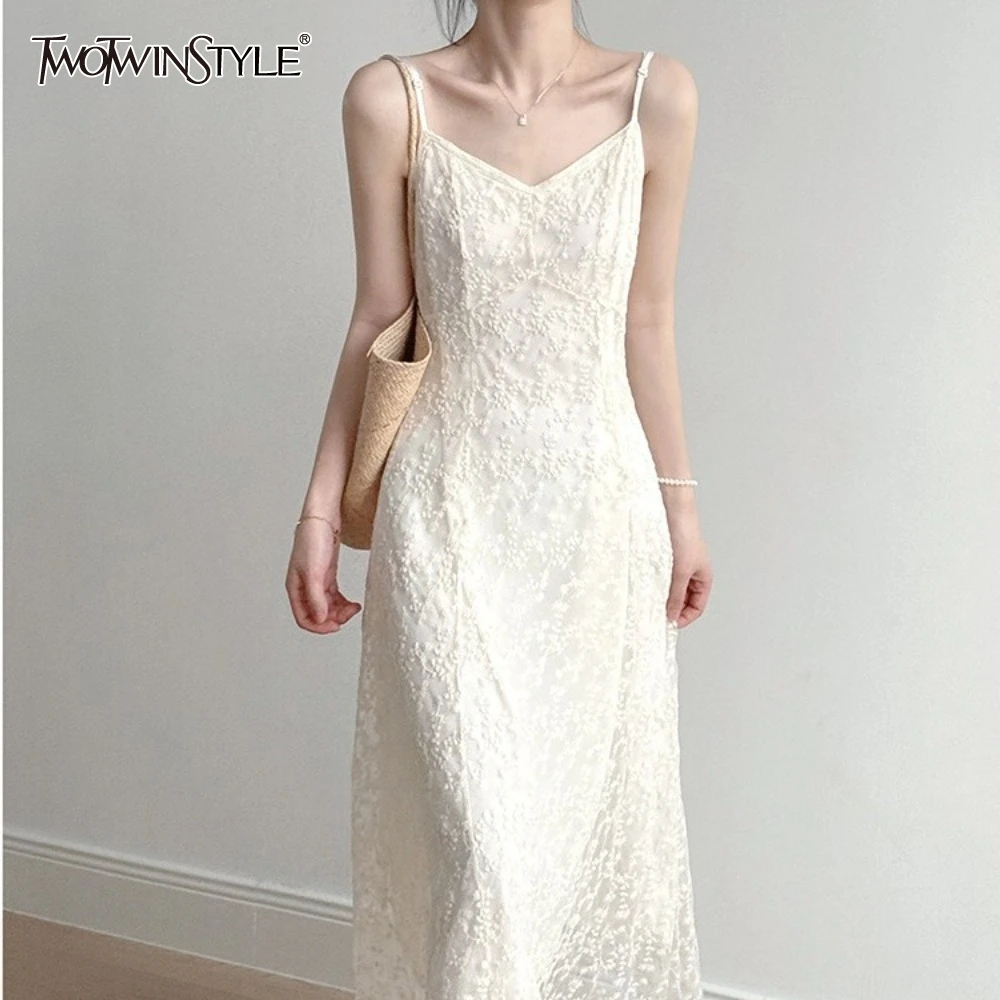 

TWOTWINSTYLE Solid Lace Slimming Long Dresses for Womne V Neck Sleeveless High Waist Temperament Dress Female
