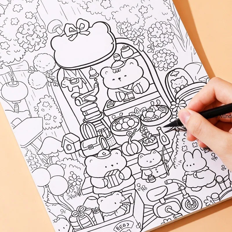 Multi Theme Panoramic Fine Line Drawing Brochure Retro Street Market Christmas Cute Rabbit and Other Theme Healing Coloring Book