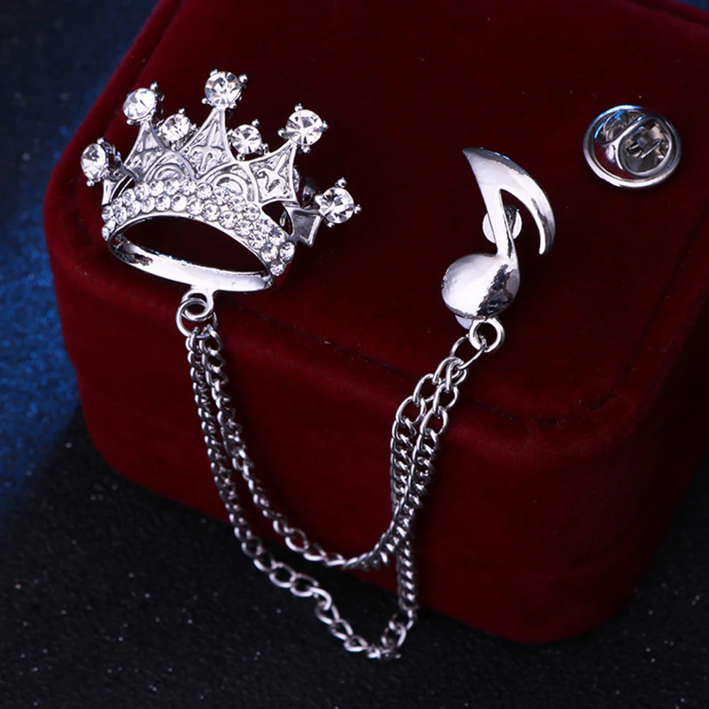 2Pcs Silver Crown Musical Note Fringe Chain Brooch Men Lapel Pin Decorative Accessories
