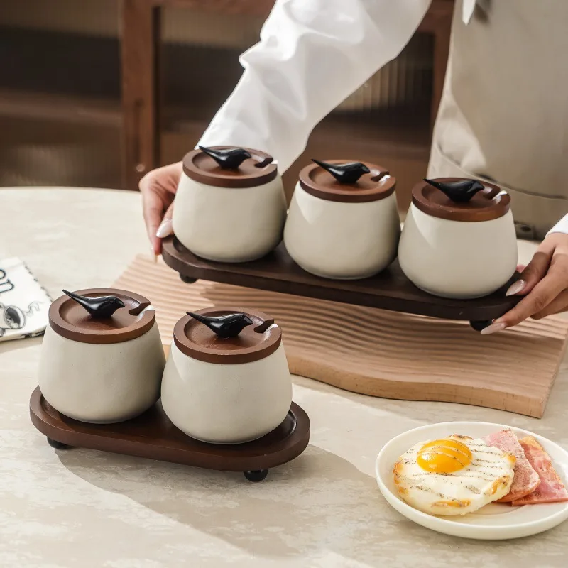 3PCS/4PCS Aesthetic Mid-century Seasoning Jar Set With Wooden Tray Light Luxury Ceramic Canister Glass Oil Pot For Home Kitchen