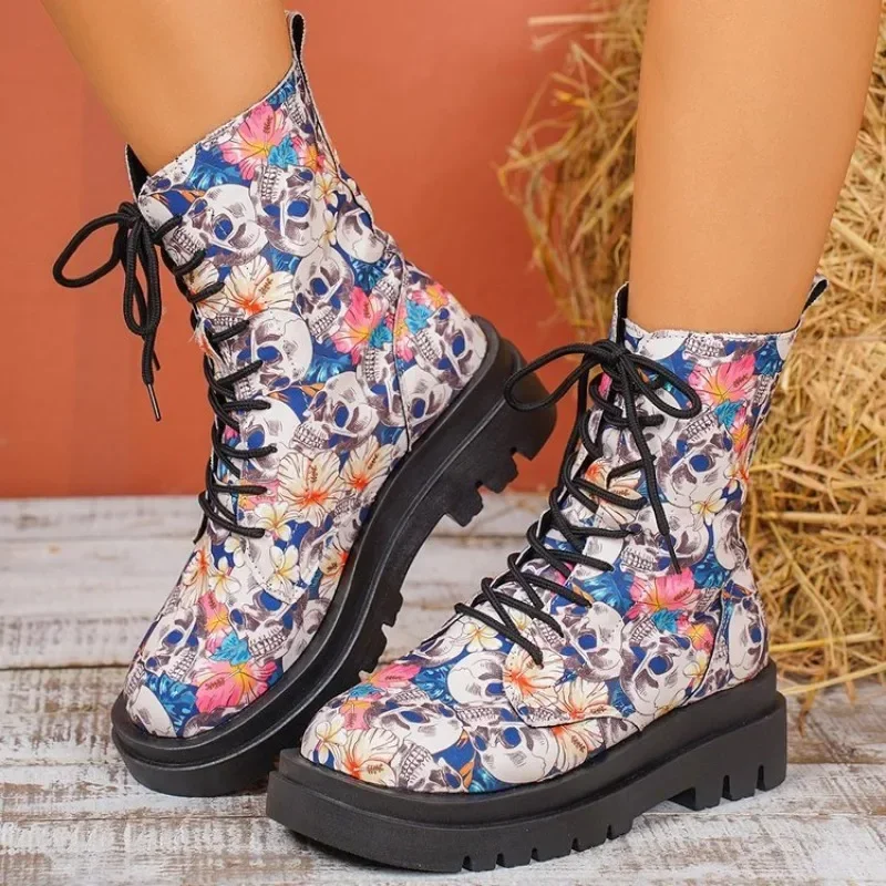 2024 Winter Gothic Platform Women's Halloween Theme Combat Boots Women Shoes Fashion Lace-up Big Size 43 Lace-up Ankle Boots