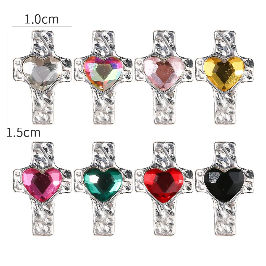 10pcs Silver Alloy Colored Love Cross Nail Charms Gem Jewelry Luxury Zircon Nail Art Accessories DIY 3D Nails Decorations Parts