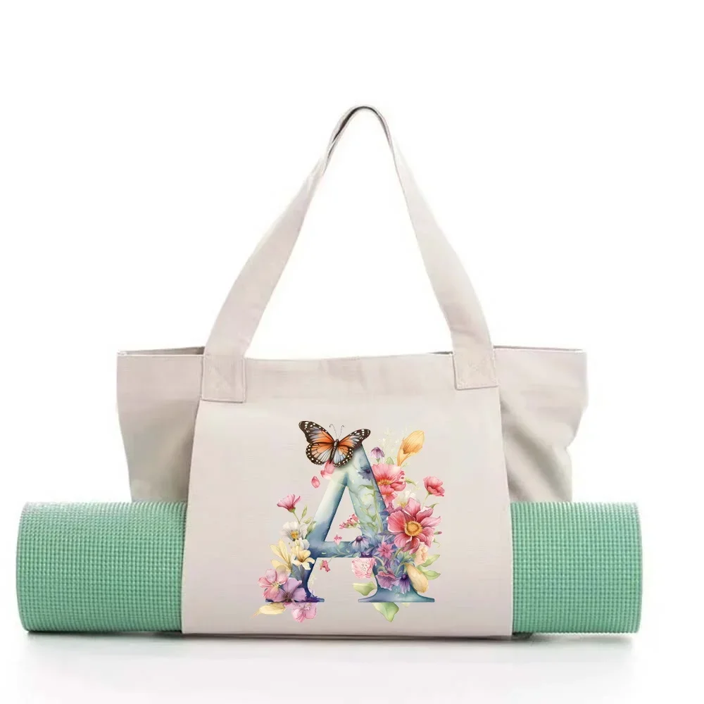 Yoga Mat Tote Bag Gym Bags Canvas Handbag Pocket Large Capacity Pilates Shoulder Bag Storage Butterfly Letter Printing Series