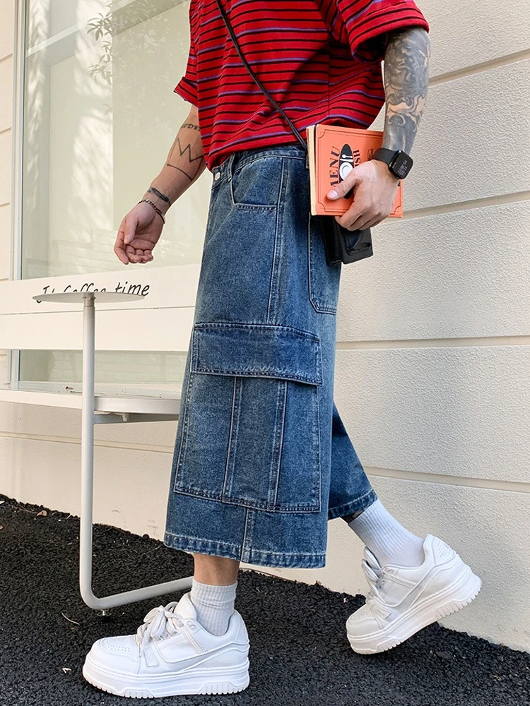 Men Retro American Cargo Jeans Shorts Washed Gradient Loose Wide Leg 3/4 Length Summer Fashion Multi-Pocket Street Capri Pants