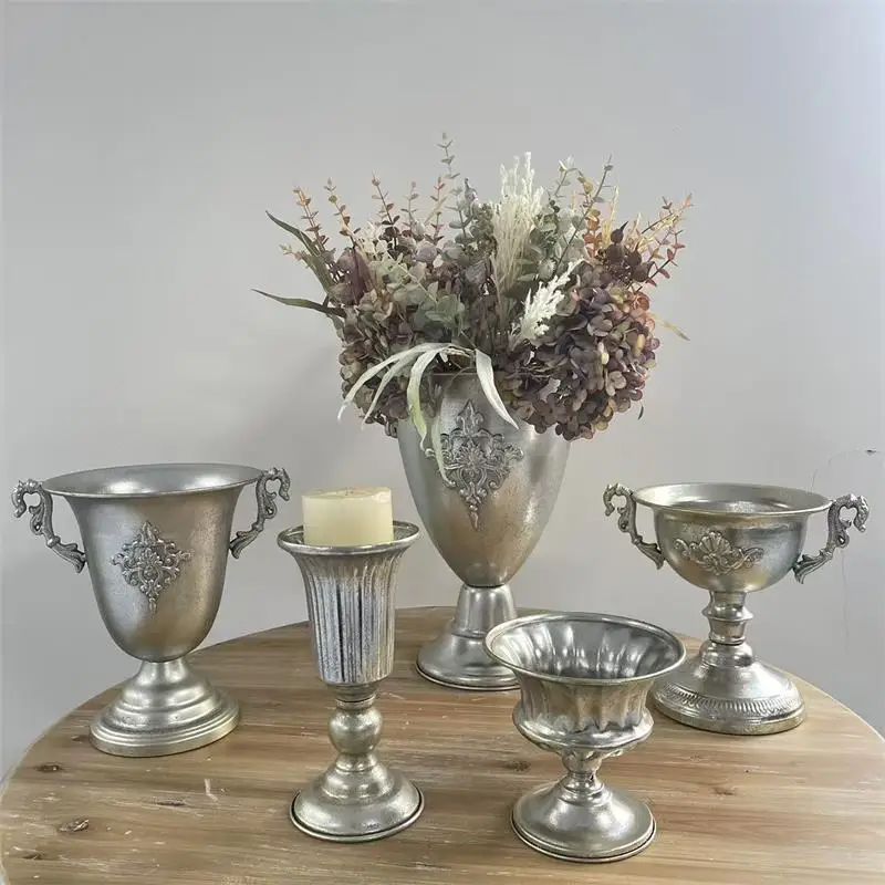 DSA tall vase dried flower pot wedding hotel home decoration ornament old silver wrought iron flower ware