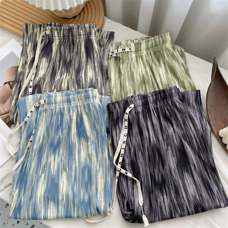 

Summer Thin Ink Tie-Dye Wide-Leg Pants Women Straight-Leg High-Waisted Mopping Trousers Ice Silk Walking Pants Sleeping Pants