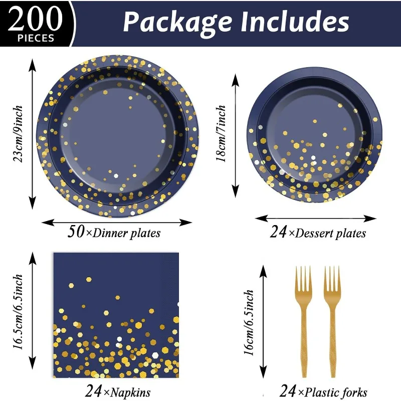 50 Guests Blue and Party Supplies Tableware Set Gold Dot on Blue Paper Plates Napkins Disposable Paper Plates Graduation Table