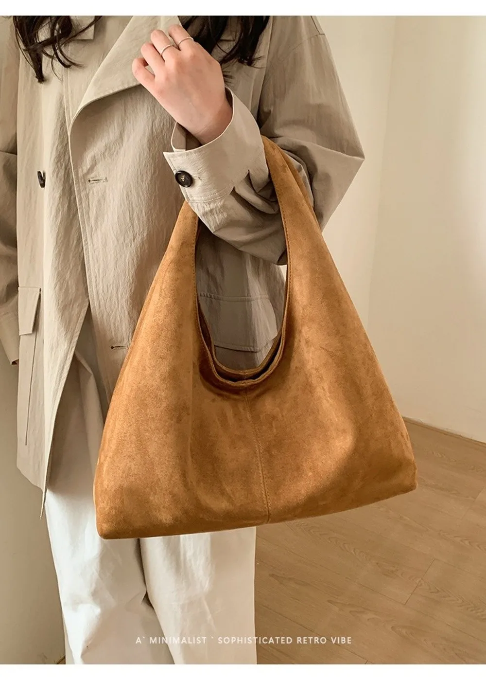 Lässige Retro-Damen-Schultertasche aus Wildleder mit großem Fassungsvermögen, einfarbige Shopper-Tasche – Detail 7