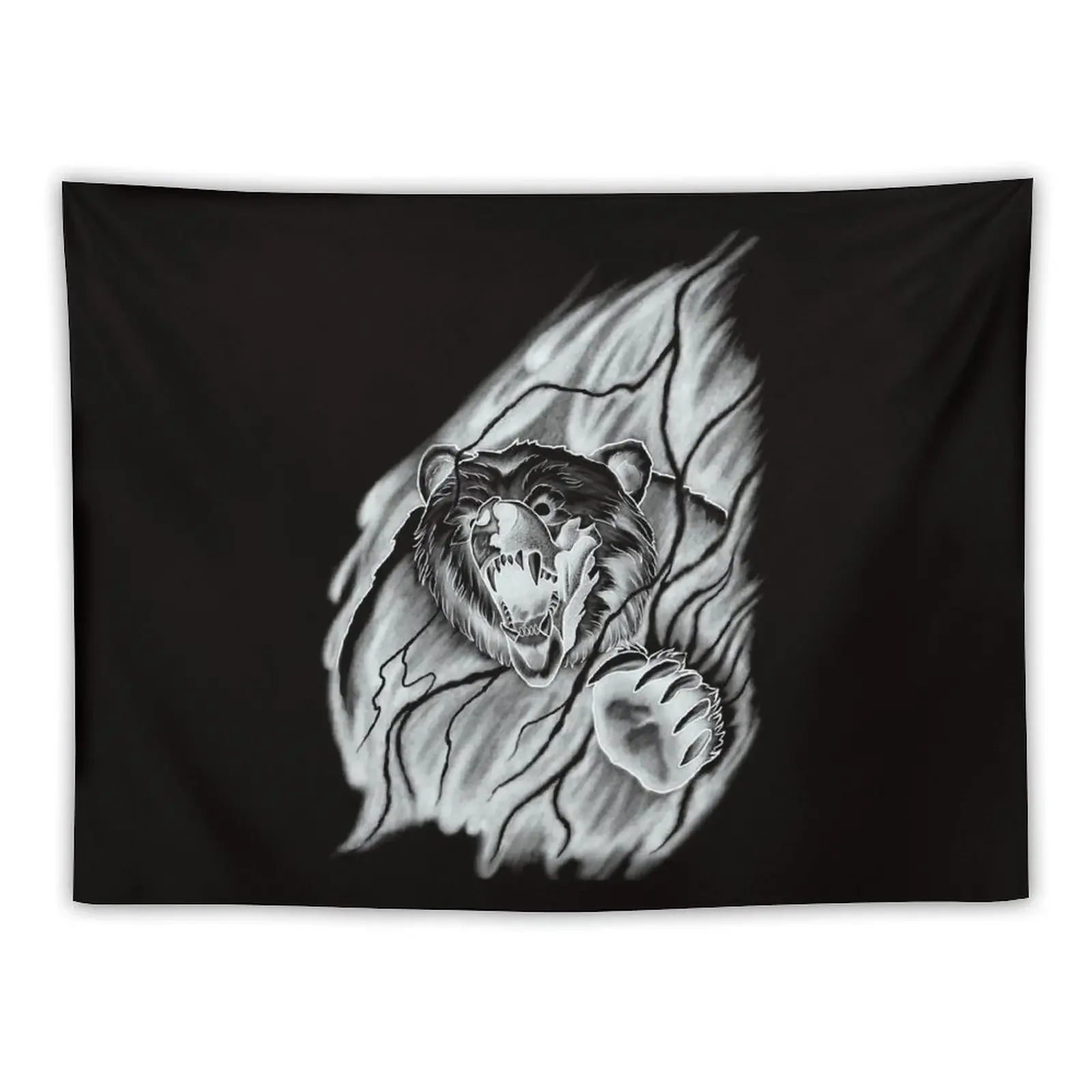 Roaring Bear breaking through the Mist in a Lightning Storm Tattoo Design Tapestry Living Room Decoration Tapestry