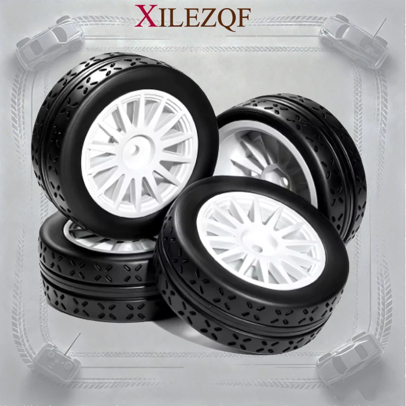 4Pcs 1/10 RC Rally Street Tires Hard Plastic Wheels OD 70mm 12mm Hex for 1:10 On Road Drift Touring Car MJXRC 10304 Tamiya TT01