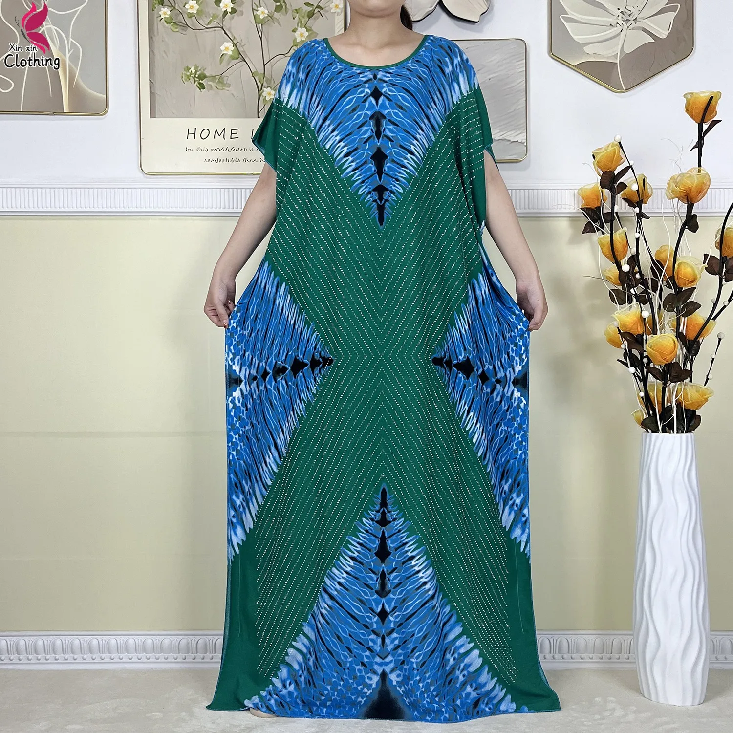 2024 New Dubai Muslim Suit Pure Cotton Dress African Women Dashiki Loose Robe Lady Maxi Summer Short Sleeve Dress With Big Scarf